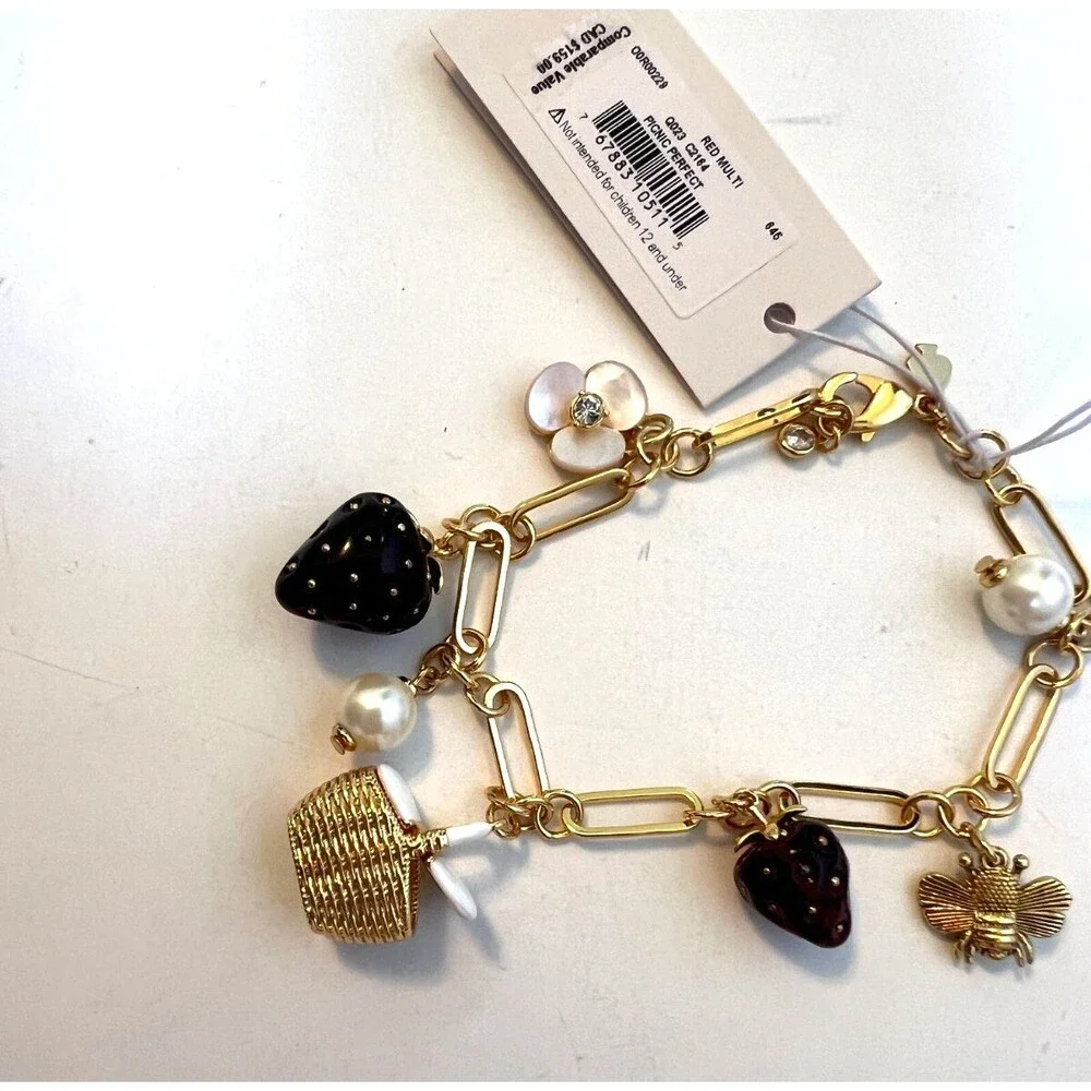 KATE SPADE PRECIOUS SUMMER Bracelet Picnic Strawberries HoneyBees Flowers Pearls - Picture 13 of 14